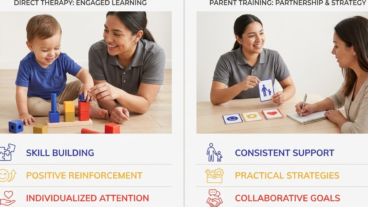 Split comparison showing child engaged in ABA play-based activity on left, and therapist coaching parent on right